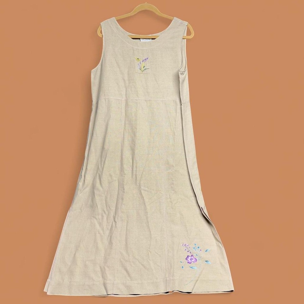Vintage Erin London Maxi Dress L Beige Silk Linen Blend Embroidered Bee Floral